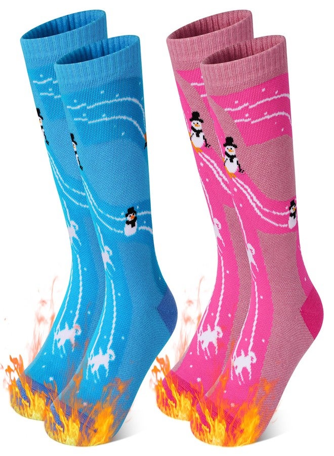 GRPSKCOS Kids Ski Socks 2 Pairs Girls Warm Thick Snow Socks for 3-12 Years Boys Girls(01 Pink+Blue, 7-12 Years) - Image 1